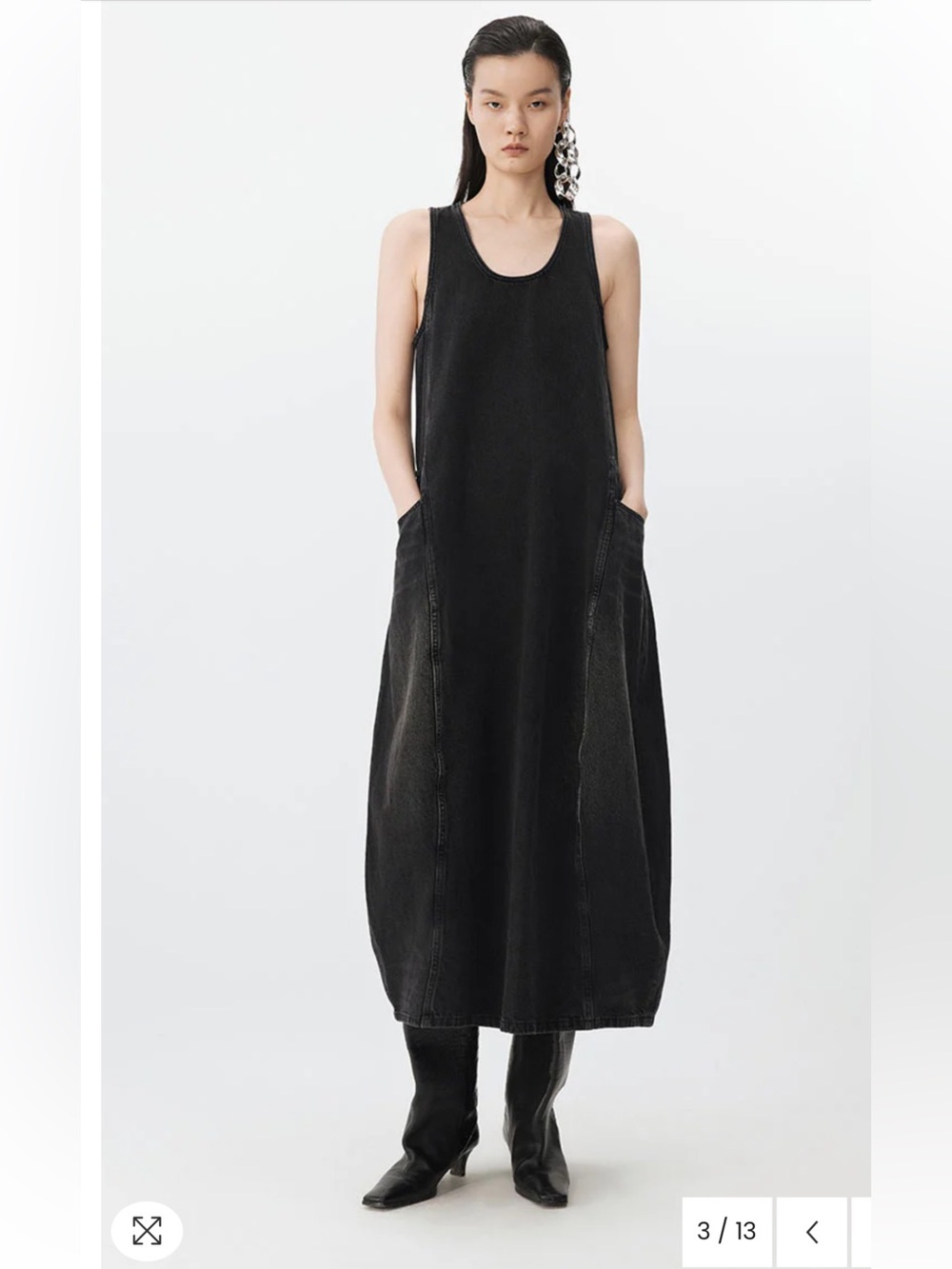 JNBY Denim Sleeveless Dress XL Black Cotton Linen Cocoon Midi Lagenlook - Picture 5 of 14